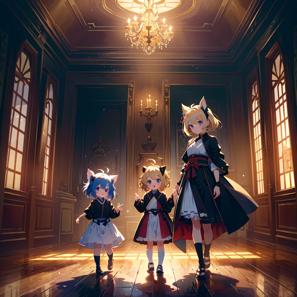 High-definition background, bright and beautiful atmosphere, 3 girls (, (1 short-tempered round face), (1 child)) (hair, surface effects), color effects), small breasts, blonde hair, inside the castle ,Luxurious room Girls dressed as ninjas, girls dressed as princesses, mini pigs dressed as ninjas, mini pigs dressed as samurai, "deltamon_sdXL :0.73) >Deltamon makes an immediate decision.