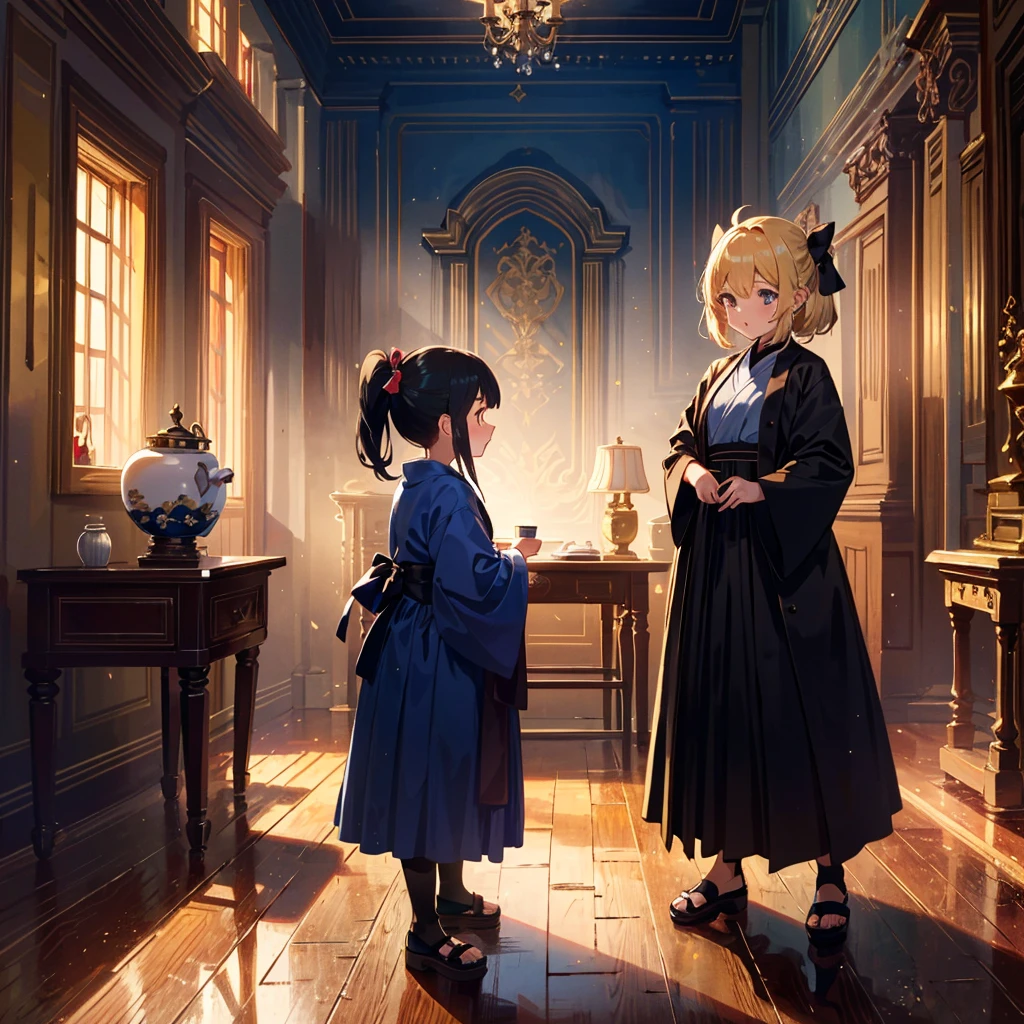 High-definition background, bright and beautiful atmosphere, 3 girls (2 years old, (1 short-tempered round face), (1 child)) (hair, surface effects), color effects), small breasts, blonde hair, inside the castle ,Luxurious room Girls dressed as ninjas, girls dressed as princesses, mini pigs dressed as ninjas, mini pigs dressed as samurai, "deltamon_sdXL :0.73) >Deltamon makes an immediate decision.
