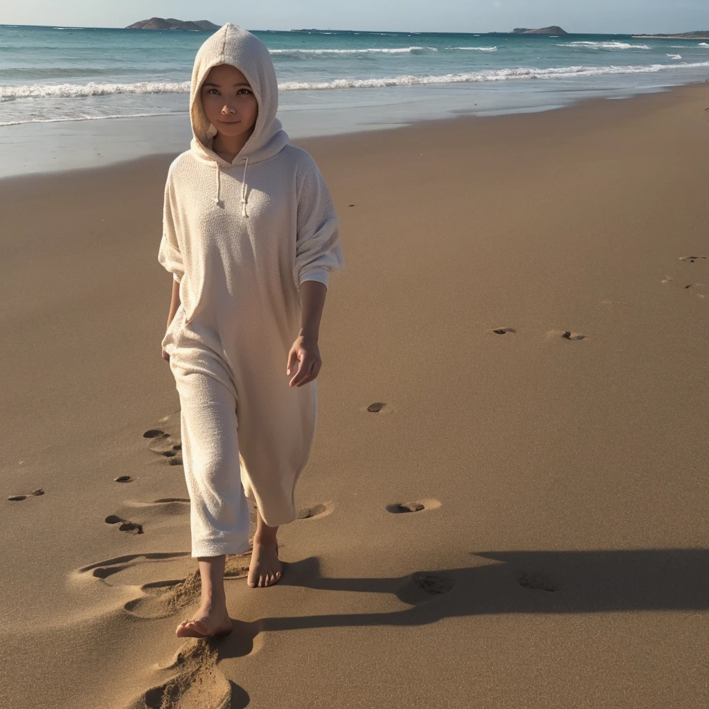 A person covered in sand from head to toe, walking awkwardly on a beach with a comical expression.