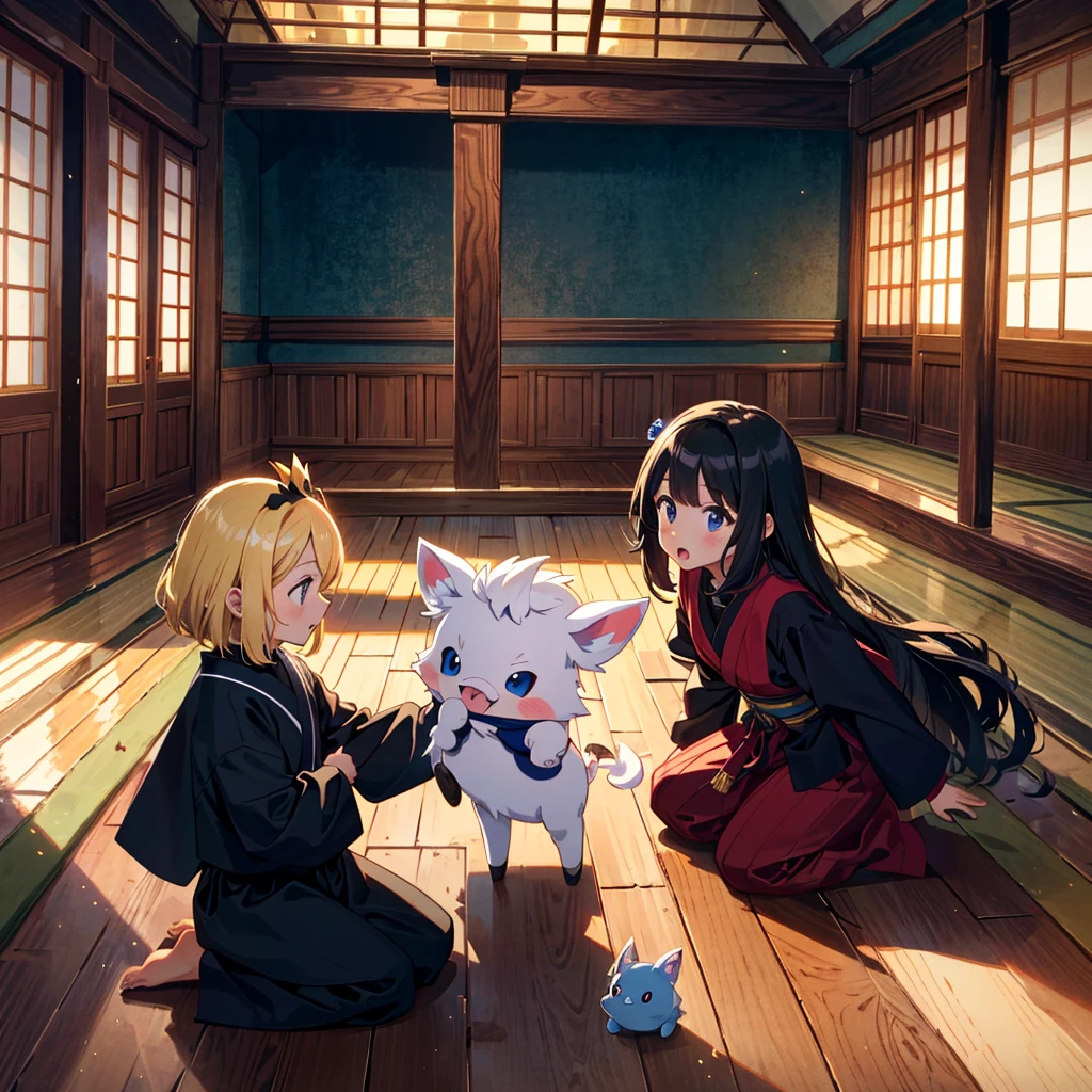 High-definition background, bright and beautiful atmosphere, 3 girls (2 years old, (1 short-tempered round face), (1 child)) (hair, surface effects), color effects), small breasts, blonde hair, inside the castle ,Luxurious room Girls dressed as ninjas, girls dressed as princesses, mini pigs dressed as ninjas, mini pigs dressed as samurai, "deltamon_sdXL :0.73) >Deltamon makes an immediate decision.