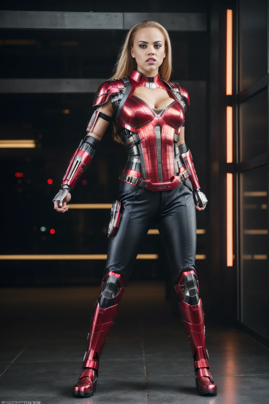 (((full body photo)))  Realistic, RAW photo, sharp, masterpiece, highres, BrittneyAngelQuiron woman, blond hair, Brittney Angel wearing (superheroine scarlet witch  realistic cyberpunk costume), (pants),  armor, ((cyborg  1arm)),  dynamic pose,  highly detailed, trending on Artstation,   cyberpunk style,  Contax G1/G2 Camera