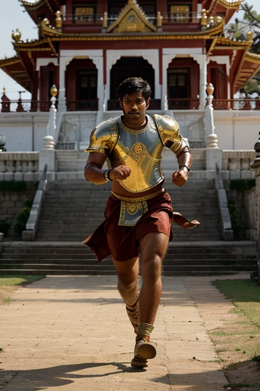 indian man strong knight running towards a golden castle temple