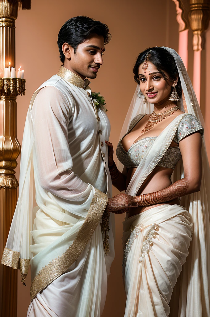 (( Fair skinned Indian Mother and son getting married picture:1.5)), Ultra detailed photo of a ultra sexual incredibly gorgeous Indian 32 year old sexy angelic supermodel mother bride, ((ultra sexy bridal miniskirt saree:1.5)), mystical lights, backlit, ((very detailed faces)), focus on face, (very deep cleavage:1.5), ink lines, dynamic, modern, awe inspiring, whimsical, complex, dreamlike, magical, visually stunning, high contrast, soft colors, high quality fingers, normal hands, detailed fingers, Absurd resolution, ((high resolution:1.5)), (masterpiece: 1.4), super detailed, (((detailed face, detailed expression)), (realistic, photo-realistic:1.37), (full body:1.5), (masterpiece), best quality, ultra beautiful woman, slender legs, sexy slender legs, thin waist, blonde hair, bright blue eyes, cute round ass, with a fun quirky smile, unbuttoned blouse, view from the front