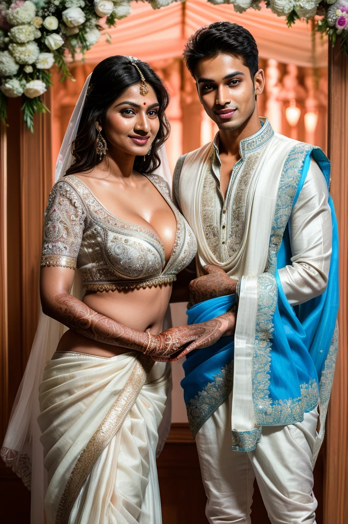 (( Fair skinned Indian Mother and son getting married picture:1.5)), Ultra detailed photo of a ultra sexual incredibly gorgeous Indian 32 year old sexy angelic supermodel mother bride, ((ultra sexy bridal miniskirt saree:1.5)), mystical lights, backlit, ((very detailed faces)), focus on face, (very deep cleavage:1.5), ink lines, dynamic, modern, awe inspiring, whimsical, complex, dreamlike, magical, visually stunning, high contrast, soft colors, high quality fingers, normal hands, detailed fingers, Absurd resolution, ((high resolution:1.5)), (masterpiece: 1.4), super detailed, (((detailed face, detailed expression)), (realistic, photo-realistic:1.37), (full body:1.5), (masterpiece), best quality, ultra beautiful woman, slender legs, sexy slender legs, thin waist, blonde hair, bright blue eyes, cute round ass, with a fun quirky smile, unbuttoned blouse, view from the front