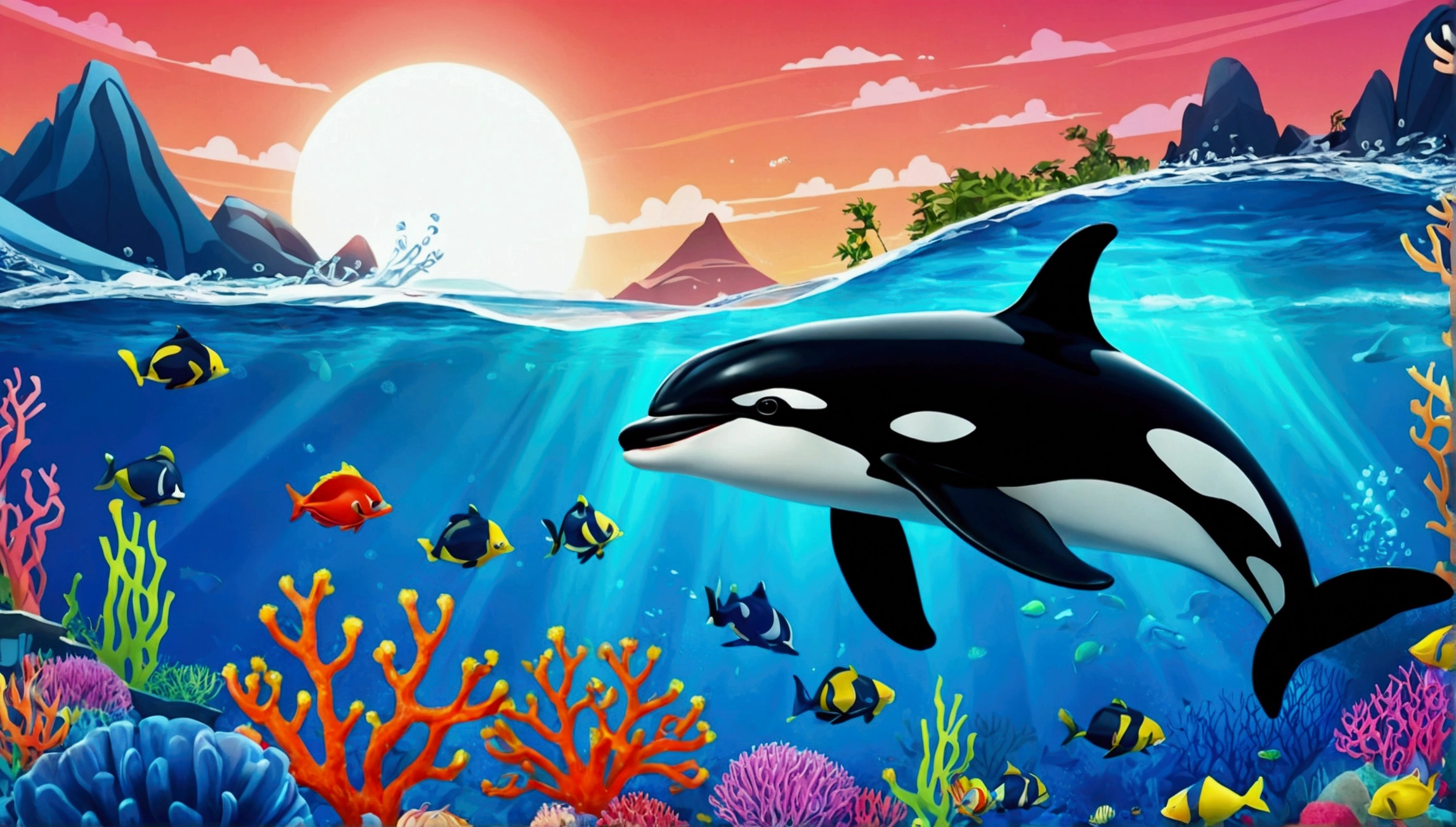 Poster　Killer whale　4K，Cartoon scene，Craftsmanship　Very colorful　specify，Fishing，Coral