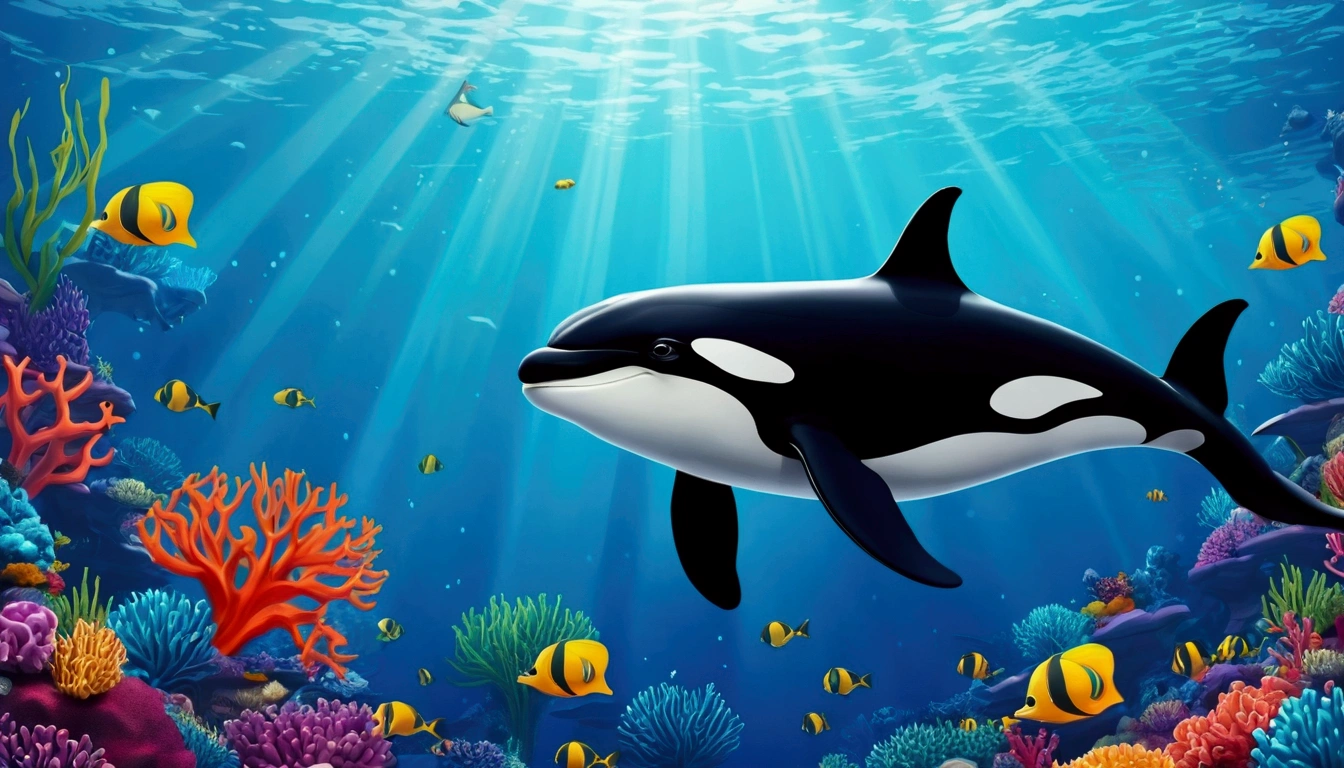 Poster　Killer whale　4K，Cartoon scene，Craftsmanship　Very colorful　specify，Fishing，Coral
