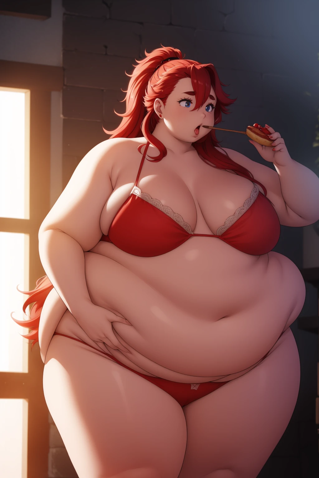 A fat curvy woman with long red hair, wearing a red bikini, continuously eating and growing larger until she bursts, ultra-detailed, high quality, photorealistic, 8k, hyper realistic, masterpiece, dynamic lighting, vivid colors, intricate details, dramatic composition, cinematic mood