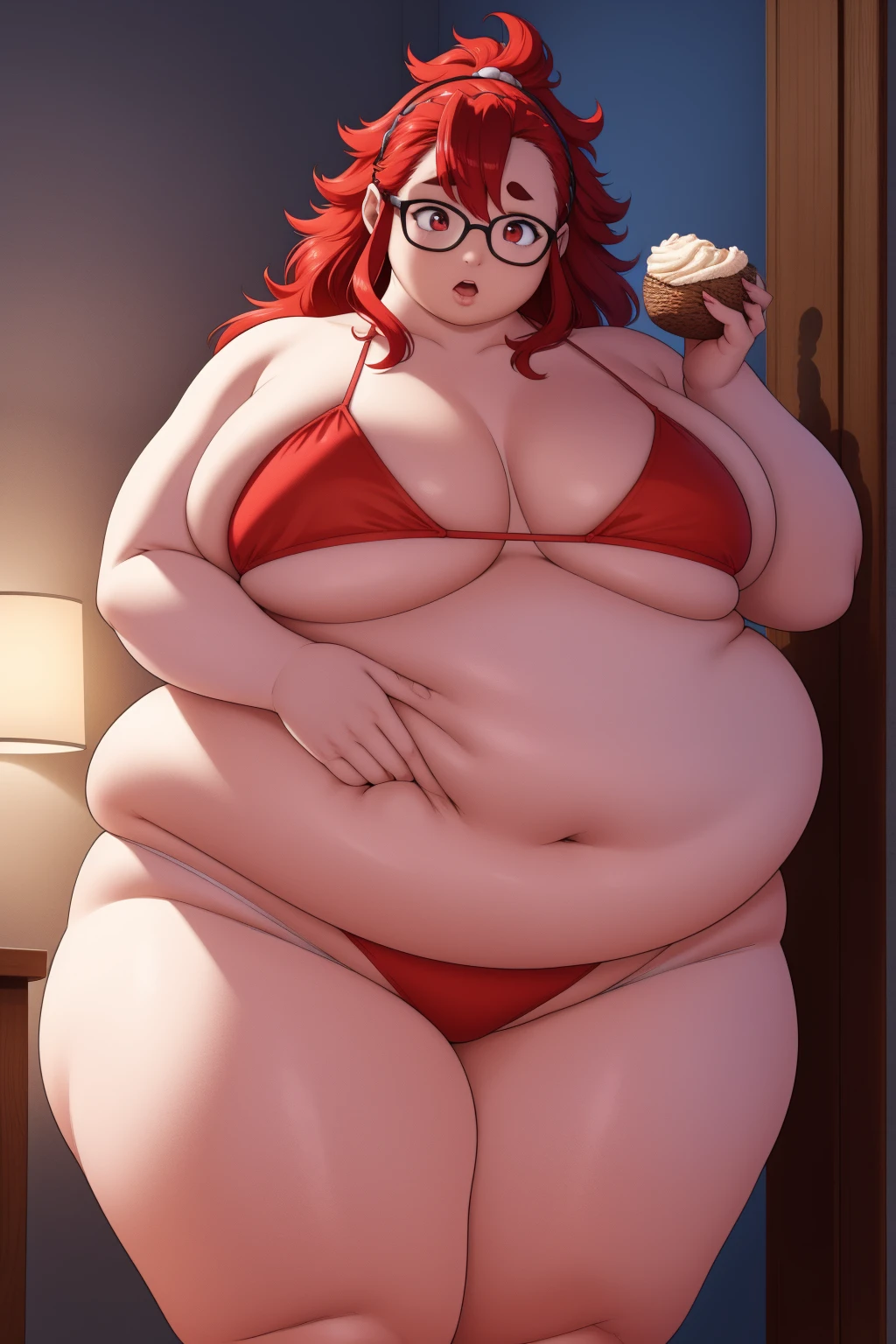 A fat curvy woman with long red hair, wearing a red bikini, continuously eating and growing larger until she bursts, ultra-detailed, high quality, photorealistic, 8k, hyper realistic, masterpiece, dynamic lighting, vivid colors, intricate details, dramatic composition, cinematic mood