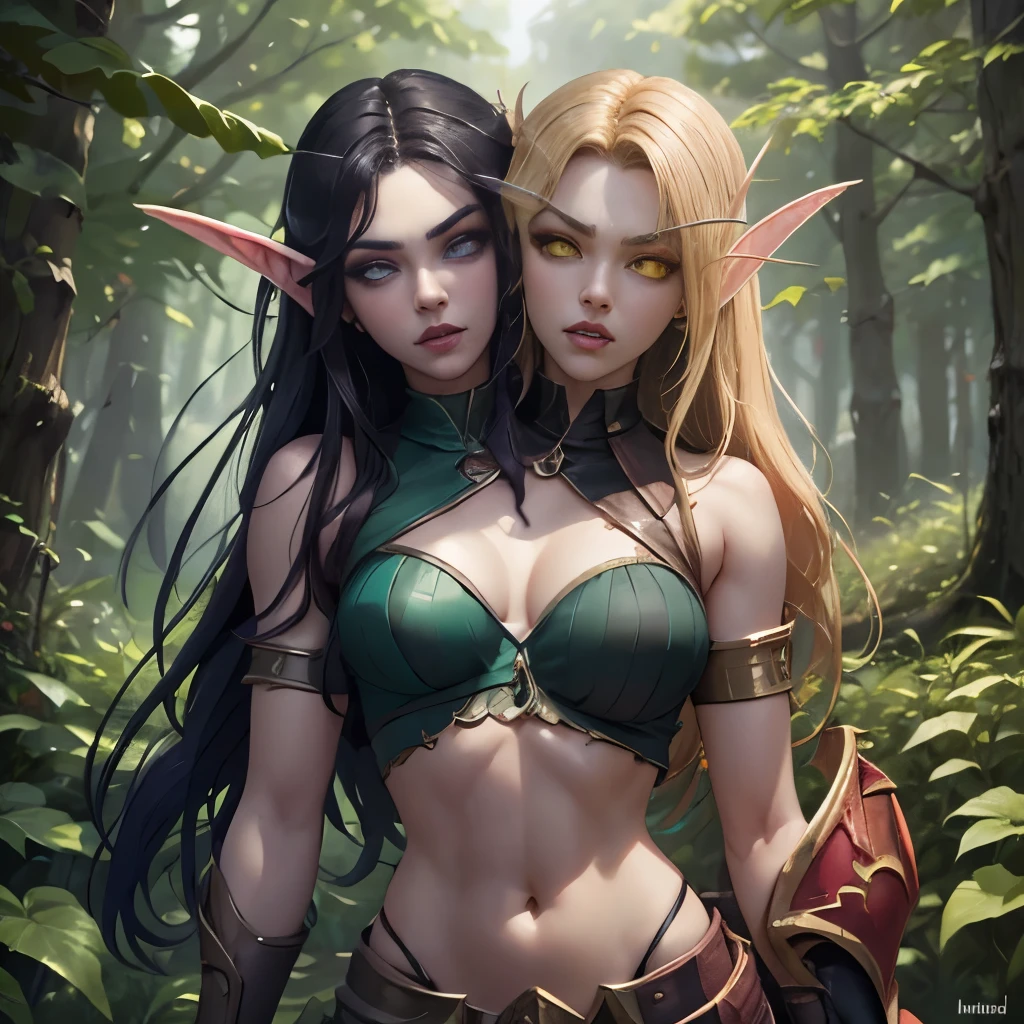 (Masterpiece, highly detailed, highly quality, highly resolutions), body facing viewer, conjoined_dicephalus, two heads, BREAK bldelf, angry, clenched teeth, glowing eyes, yellow eyes, Blonde hair, colored sclera, mature female, red short shirt, navel, red shoulder pad, gold trim, yellow leaves, jewelry, looking at viewer, forest, day, bare shoulders, Fall season