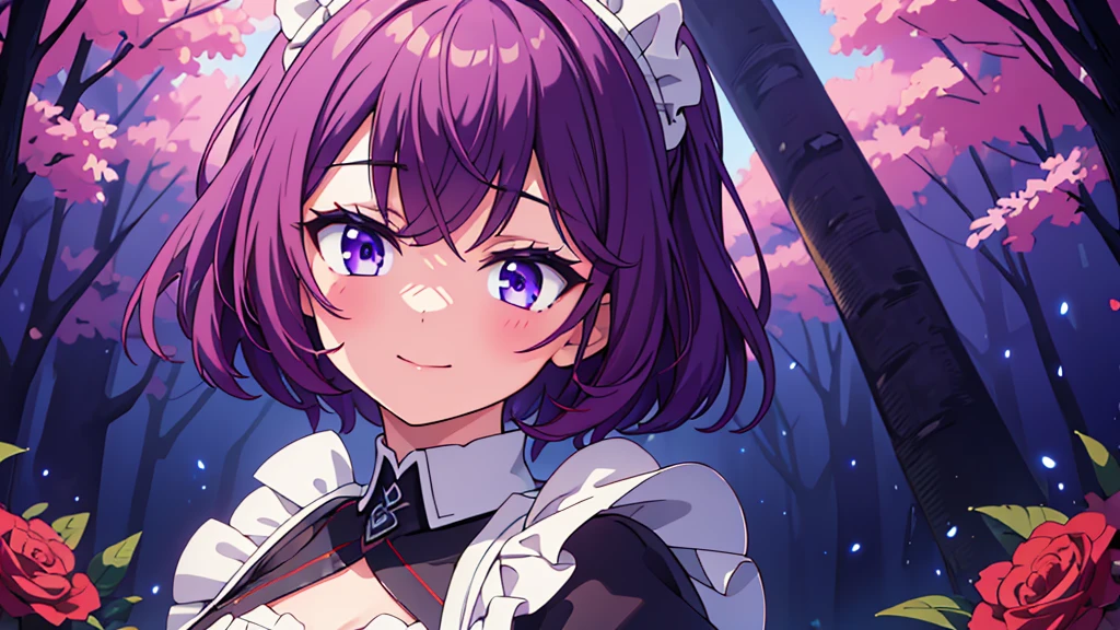 ((best quality)), ((masterpiece)), (detailed), 1 girl , purple hair , short hair , purple eyes, wearing maid uniform , standing, portrait , medium size Brest, full maid uniform, only upto shoulders , lovestruck expression, looking at viewer, slight blush , delicate , sitting , half body portrait , smiling , happy, in love , cute looking, perfect face, detailed, masterpiece, 4k , ultra high quality , Cinematic Lighting, ethereal light, intricate details, extremely detailed, incredible details, full colored, complex details, insanely detailed and intricate , extremely detailed with rich colors. masterpiece, best quality, HDR, looking at the camera , dark Fantasy background , Representative, fair skin, beautiful face, Rich in details High quality, gorgeous, glamorous, 8k, super detail , detailed lines