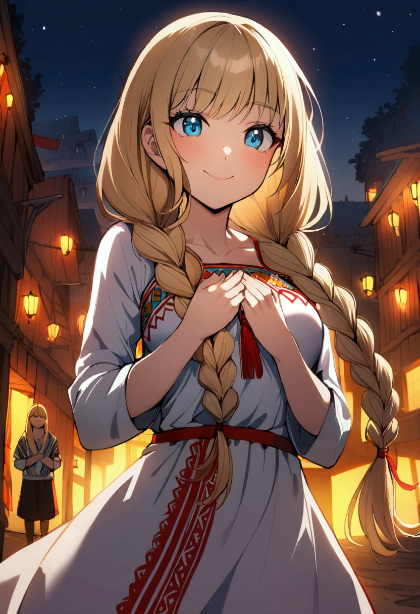 1 girl with long blonde hair, hair braided into two braids, Blue eyes, A curious face, smile,medium breasts, white Slavic dress, holds his hands to his chest, Slavic village in the background, view from above,