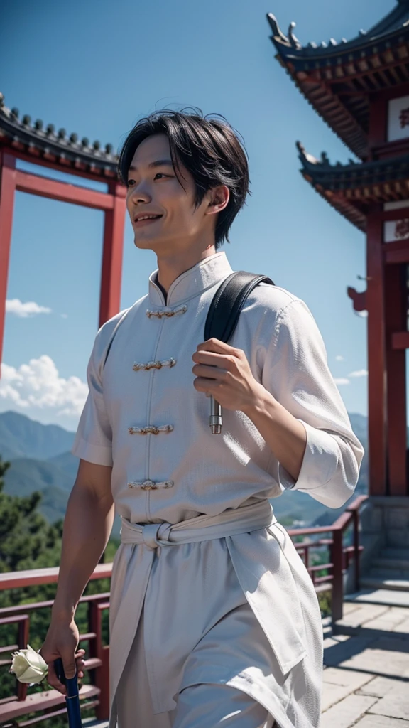 Chinese style a handsome man with a good body with smiling have a light shine magic circle, carrying a silver cane on the shoulder, Carrying silver a backpack on the back., another hand hold a white rose, wearing Chinese ancient gauze blue red yellow accessories , walking and looking up on the rock cliff and have near behind back with a Barking white dog on the leg, In the distance, there are Chinese temple on the mountains have a sunshine.and creating a contrast and intricate patterns. Created Using: photography, contrast enhancement, natural sunlight filtering through, slow motion capture, color saturation boost, detailed texture, seen from side, Deep and three dimensional, profound and powerful,The image should be magnificently beautiful, spectacular, with intricate, detailed patterns clearly visible. colourful vivid UHD16k ratio 9:16 .