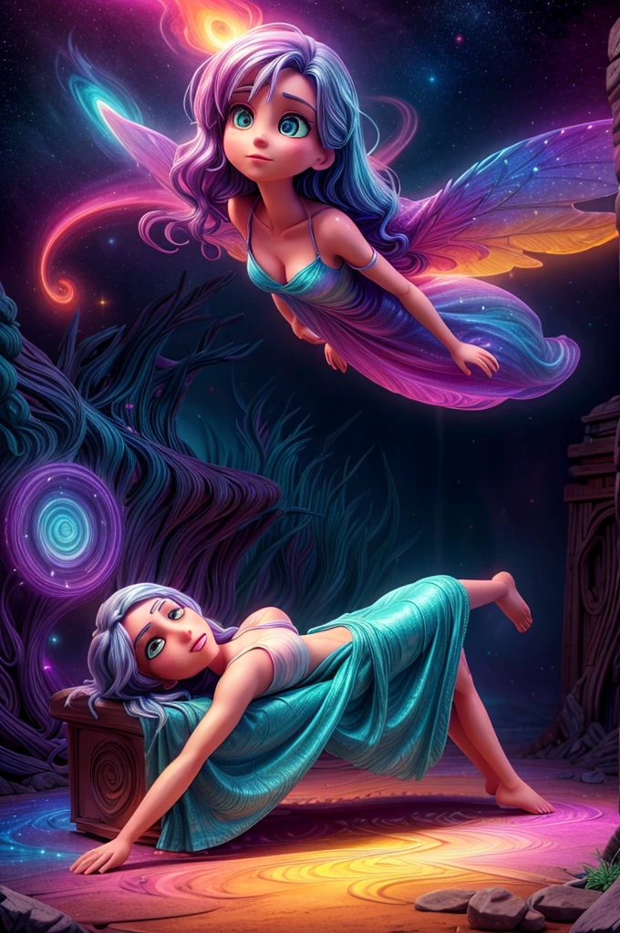 a woman lying down, her spirit leaving her body, colorful fantasy energy, magical spiritual dimension, astral body around the physical form, highly detailed, cinematic lighting, vibrant colors, ethereal, surreal, psychedelic, visually striking, beautiful, dramatic composition, photorealistic