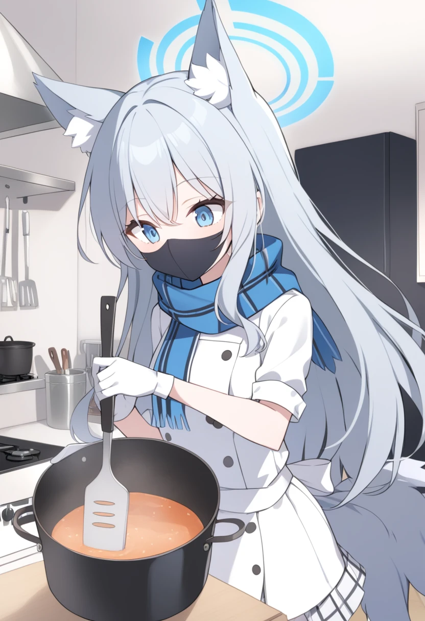 girl，Silver long hair, blue eyes, Put on chef uniform,Wearing a black mask，A sky blue scarf, White gloves, and white plaid skirt, in the kitchen，blue halo，Chef Hat，Gray wolf ears，Take a spatula，Holding the pot