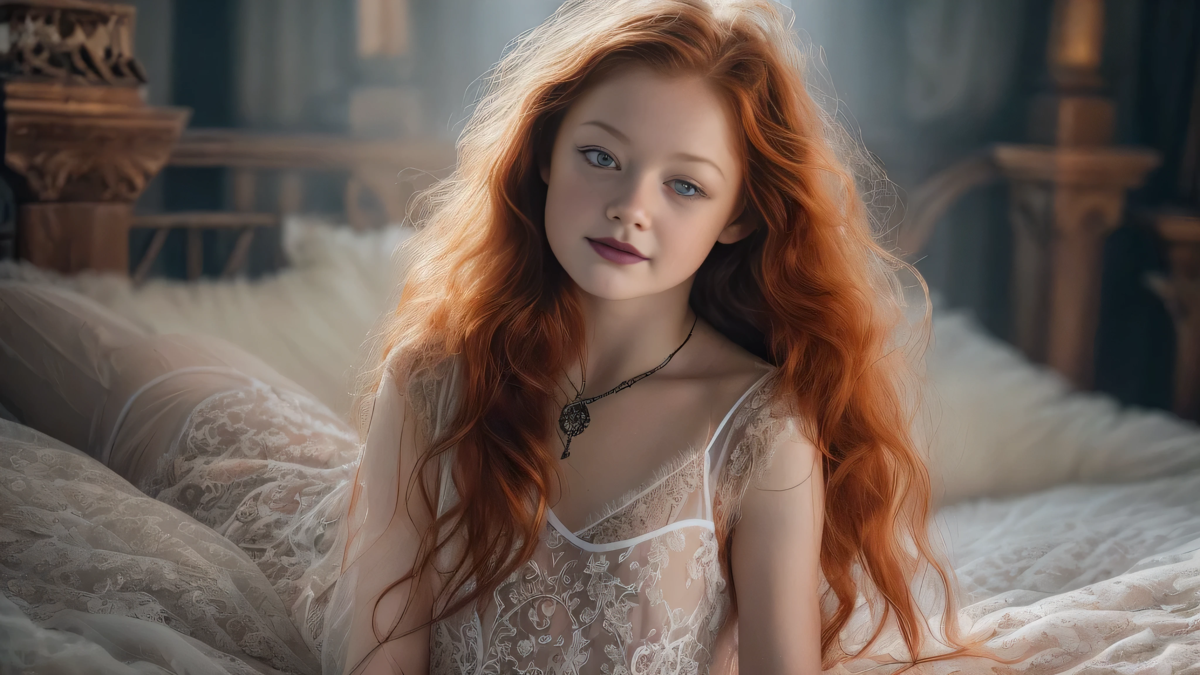 (Mackenzie Foy  ginger hair teen girl,13 years old ,in stunning lace white short transparent nightgown, hand, fingers in vagina:1.6), (naked, nude:1.8), (Without clothes, no bra:1.8),(long, messy hair, hair floating in the wind:1.6), blue eyes, detailed eyes, detailed lips, (lies nude, sensual, full body:1.5), (photo from low angles:1.5), (lies on creepy and scary gothic bed, fog:1.6), low neck, ray tracing, (best quality, 4k, 8k, high resolution, masterpiece:1.2), very detailed, (realistic , photorealistic, photorealistic :1.37), HDR, UHD, masterpiece, professional, vivid colors, bokeh, studio lighting