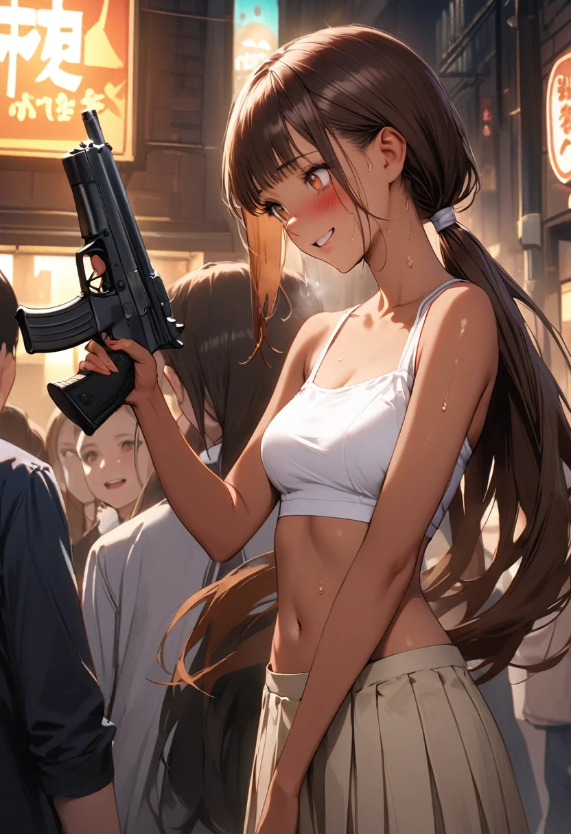 Dynamic gun action scenes、Woman shooting down zombieasterpiece,Highest quality:1.3,best quality illustration)),(realistic),cowboy shot,独奏,1woman,25 year old beauty,brown hair,(low ponytail hair),long hair,bangs,brown eyes,(gorgeous big eyes),((very small head:1.3)),blush,smile,Heavy breathing,((very long body:1.2,skinny)),((tan skin:1.4)),medium breasts,White tube top shirt、navel,Black pleated mini skirt,((Raise a gun)),gleaming skin,slender body,sweat,standing,on street,New York City、Resident Evil World、