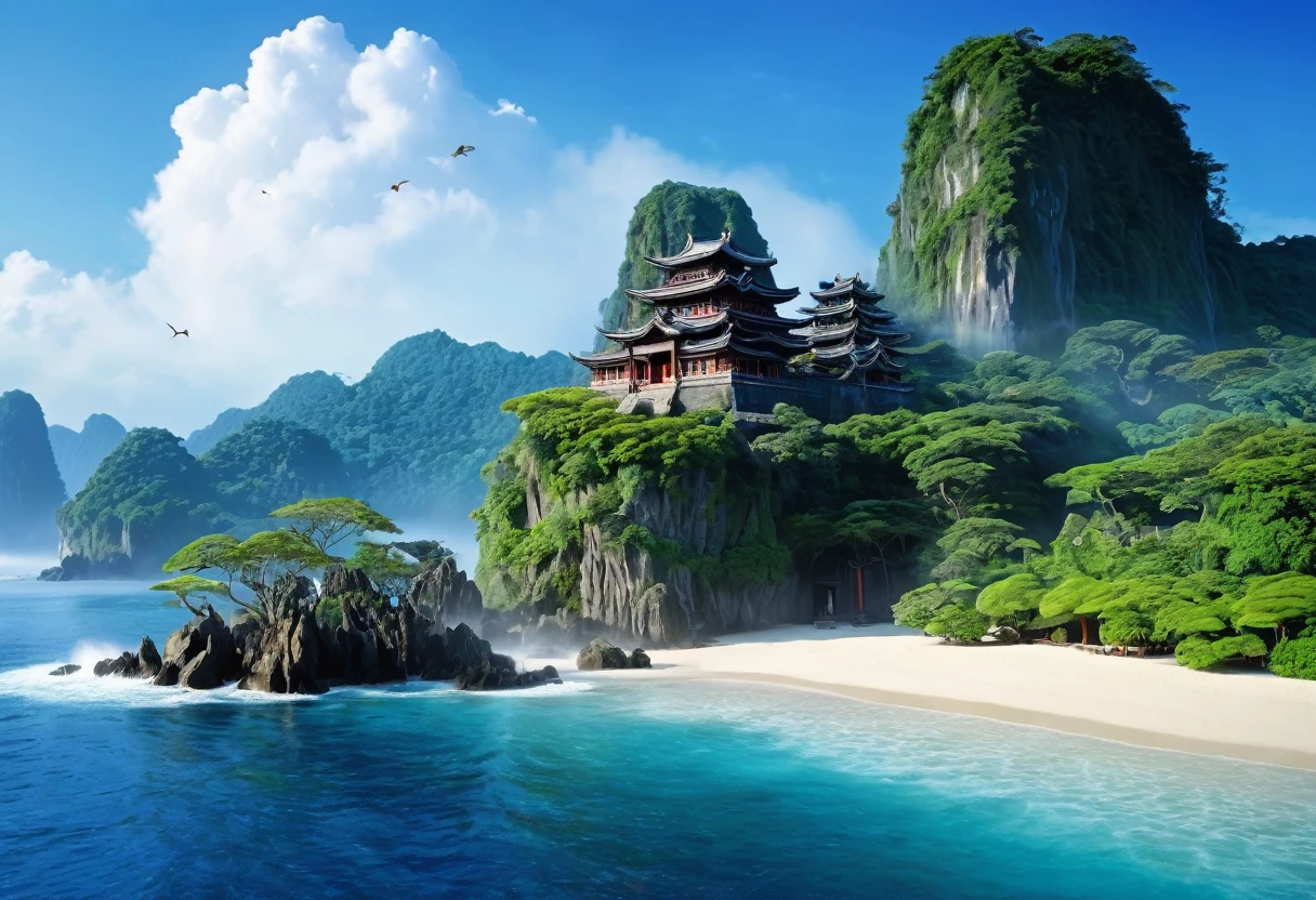 With the magnificent Mysterious Island as a backdrop、A scene of an ancient towering temple shrouded in mist。Blue around々lush trees々and exotic plants.、Divine light pours down。The island is surrounded by clear blue waters.、Waves crash quietly。The evening sky is beautifully colored in the background.、There is a mysterious atmosphere in the air。