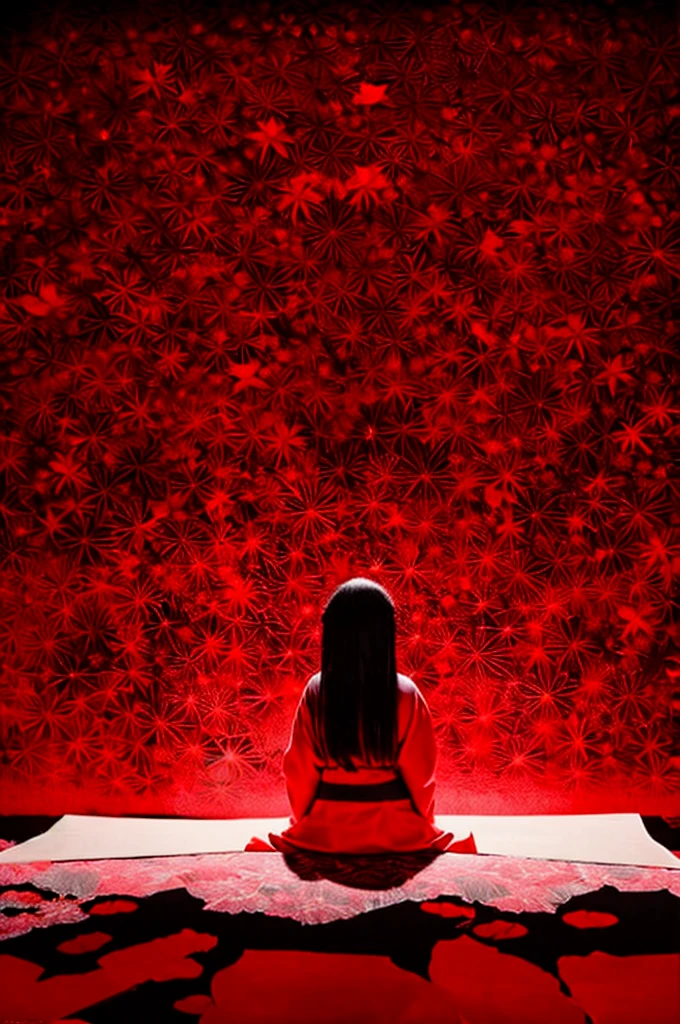 Dark night fog、Dark night fog、Dark night fog、Highest quality,Beautiful Japanese girl in a very elaborate red kimono、Spread your legs and show your vagina、(((((red background))))