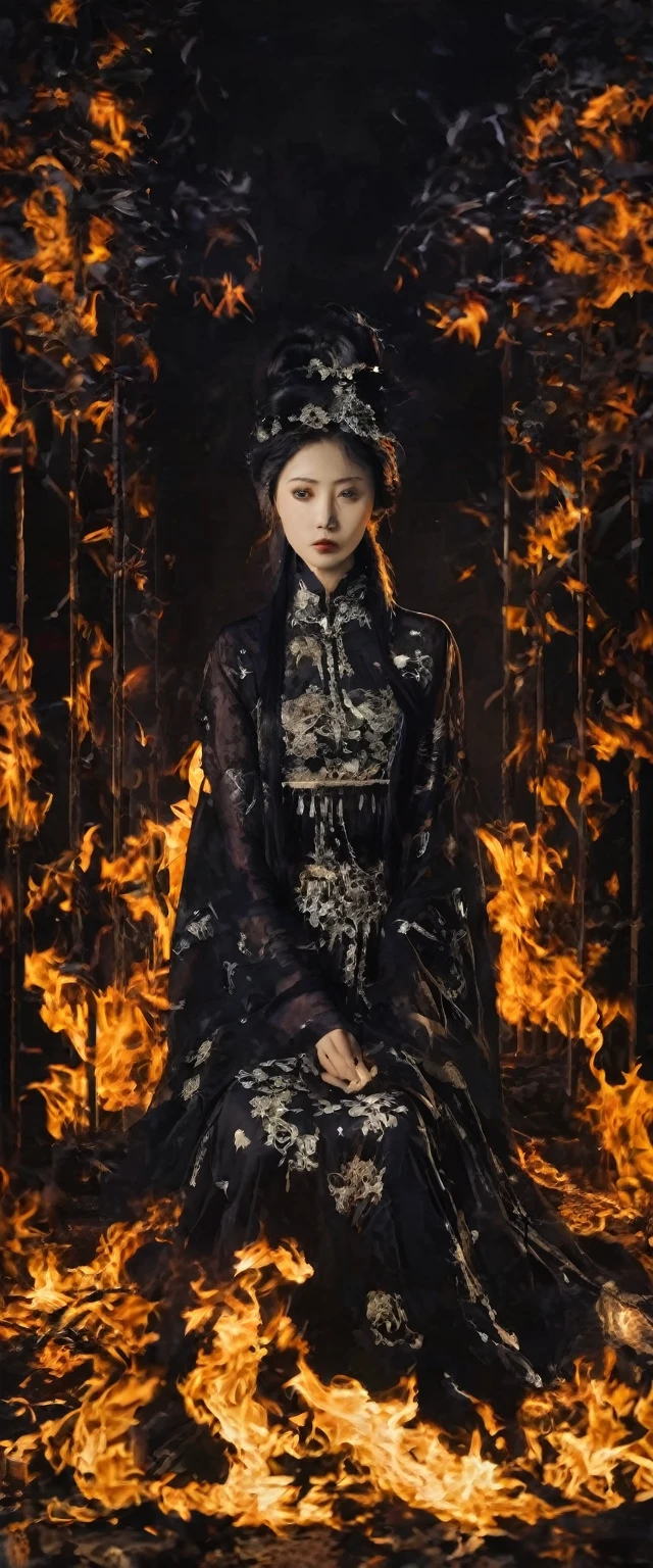 The picture is symmetrical, Symmetrical art double exposure style, Volumetric lighting, lean forward,light depth, Dramatic mood lighting, Volumetric lighting, Double image ghosting effect, Image combination,
(actual, photoactual),The girl sat on the throne, and Black flames spread around her from the center
(Black:1.2)
The girl is wearing a Hanfu made up of Black ghosts and skeletons. The Black ghosts and skeletons surround the girl, with Black flames burning and ghosts all around.