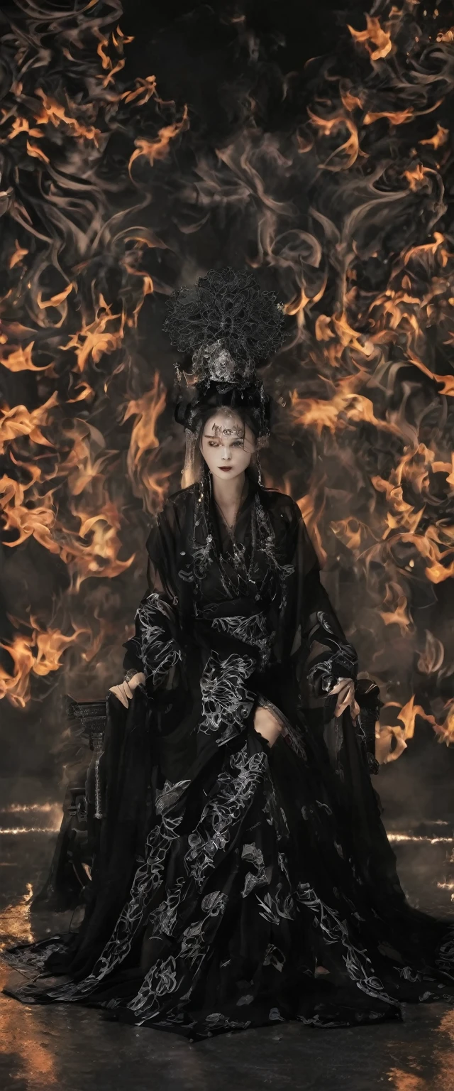 The picture is symmetrical, Symmetrical art double exposure style, Volumetric lighting, lean forward,light depth, Dramatic mood lighting, Volumetric lighting, Double image ghosting effect, Image combination,
(actual, photoactual),The girl sat on the throne, and Black flames spread around her from the center
(Black:1.2)
The girl is wearing a Hanfu made up of Black ghosts and skeletons. The Black ghosts and skeletons surround the girl, with Black flames burning and ghosts all around.