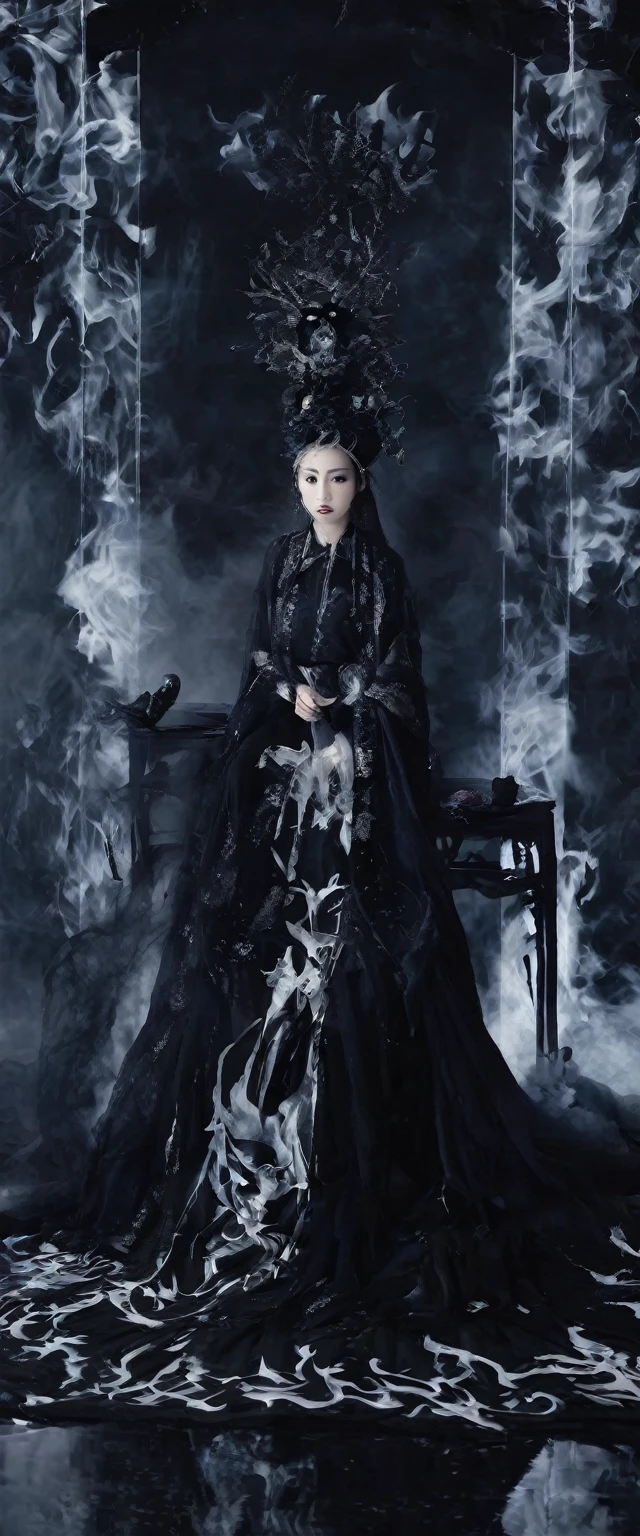 The picture is symmetrical, Symmetrical art double exposure style, Volumetric lighting, lean forward,light depth, Dramatic mood lighting, Volumetric lighting, Double image ghosting effect, Image combination,
(actual, photoactual),The girl sat on the throne, and Black flames spread around her from the center
(Black:1.2)
The girl is wearing a Hanfu made up of Black ghosts and skeletons. The Black ghosts and skeletons surround the girl, with Black flames burning and ghosts all around.