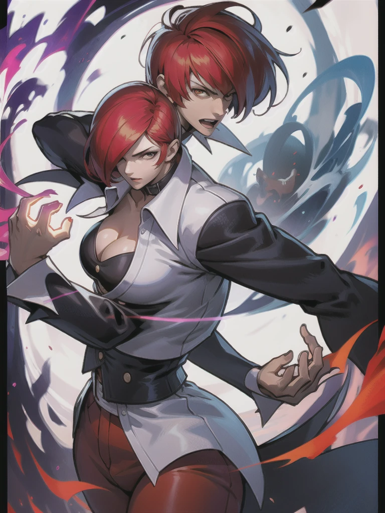 30-year-old woman, alone, alone, athletic, sensual, big breasts, red nails, long pixies, semi-short red hair, wears brown pants, white shirt, open black jacket, video game character, The King of Fighters, Iori Yagami, blue fire, cinematic, ultra-sharp focus, award-winning photography, perfect contrast, High sharpness, depth of field, ultra-detailed photography, global illumination, fluid, ultra-high definition, 8k, Unreal Engine 5, ultra-sharp focus, award-winning photography, trends art stations