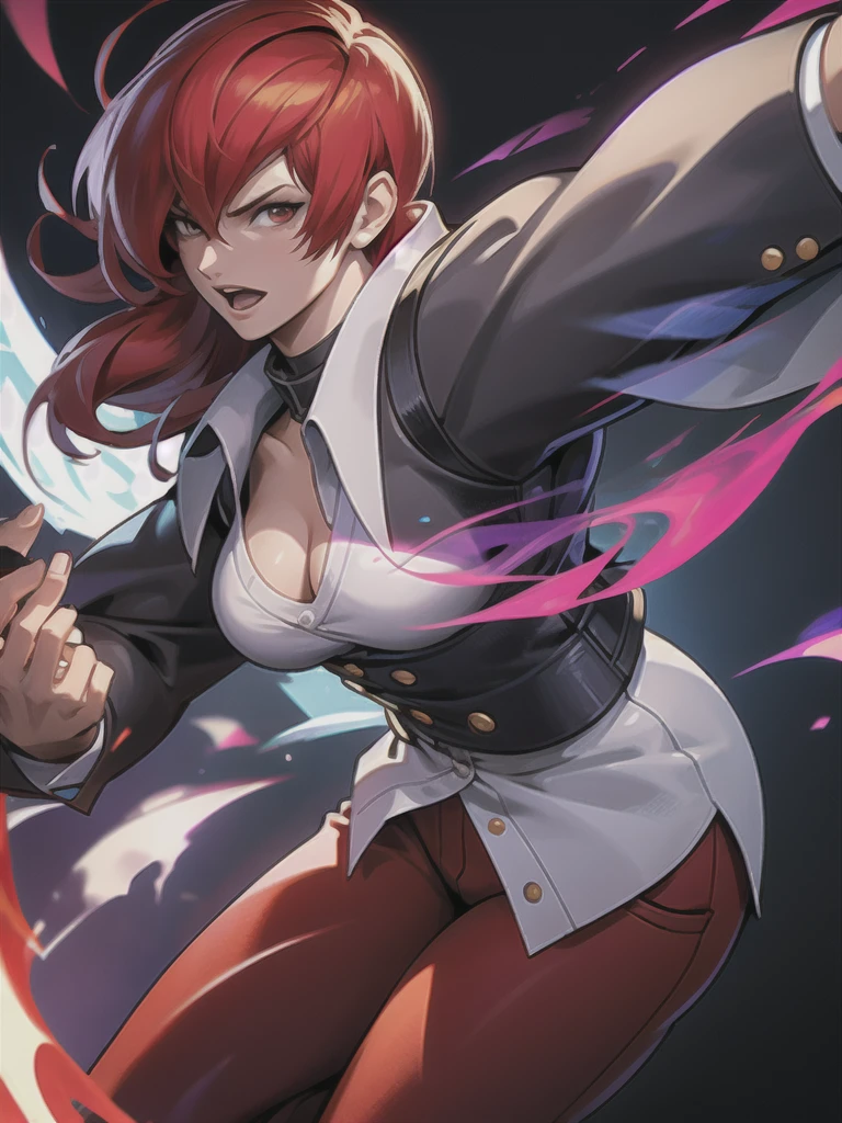 30-year-old woman, alone, alone, athletic, sensual, big breasts, red nails, long pixies, semi-short red hair, wears brown pants, white shirt, open black jacket, video game character, The King of Fighters, Iori Yagami, blue fire, cinematic, ultra-sharp focus, award-winning photography, perfect contrast, High sharpness, depth of field, ultra-detailed photography, global illumination, fluid, ultra-high definition, 8k, Unreal Engine 5, ultra-sharp focus, award-winning photography, trends art stations