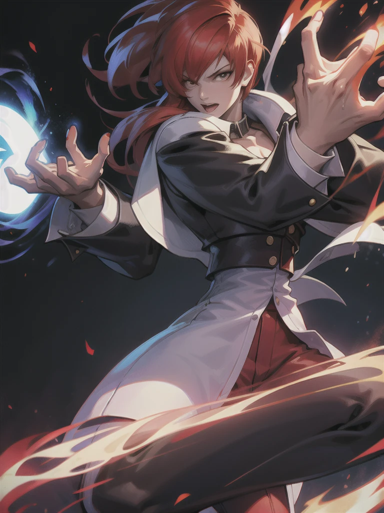 30-year-old woman, alone, alone, athletic, sensual, big breasts, red nails, long pixies, semi-short red hair, wears brown pants, white shirt, open black jacket, video game character, The King of Fighters, Iori Yagami, blue fire, cinematic, ultra-sharp focus, award-winning photography, perfect contrast, High sharpness, depth of field, ultra-detailed photography, global illumination, fluid, ultra-high definition, 8k, Unreal Engine 5, ultra-sharp focus, award-winning photography, trends art stations