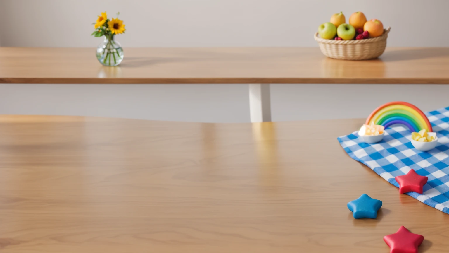 on a wooden table. there is a white plate. on the table there is a BLUE checkered tablecloth, there are STAR candies on the table next to them, ON THE TABLECLOTH IS A RAINBOW MADE OF POLYMER CLAY. against the background of the kitchen, Fruit basket, vase with Flowers, Basket with berries . Beautiful light from the window, contour light, Multiple light sources, beautiful sunlight, Bright light source, bright lighting, beautiful light sources, Multiple light sources, Realistic style , realistic texture, detailed texture, a high resolution, high quality