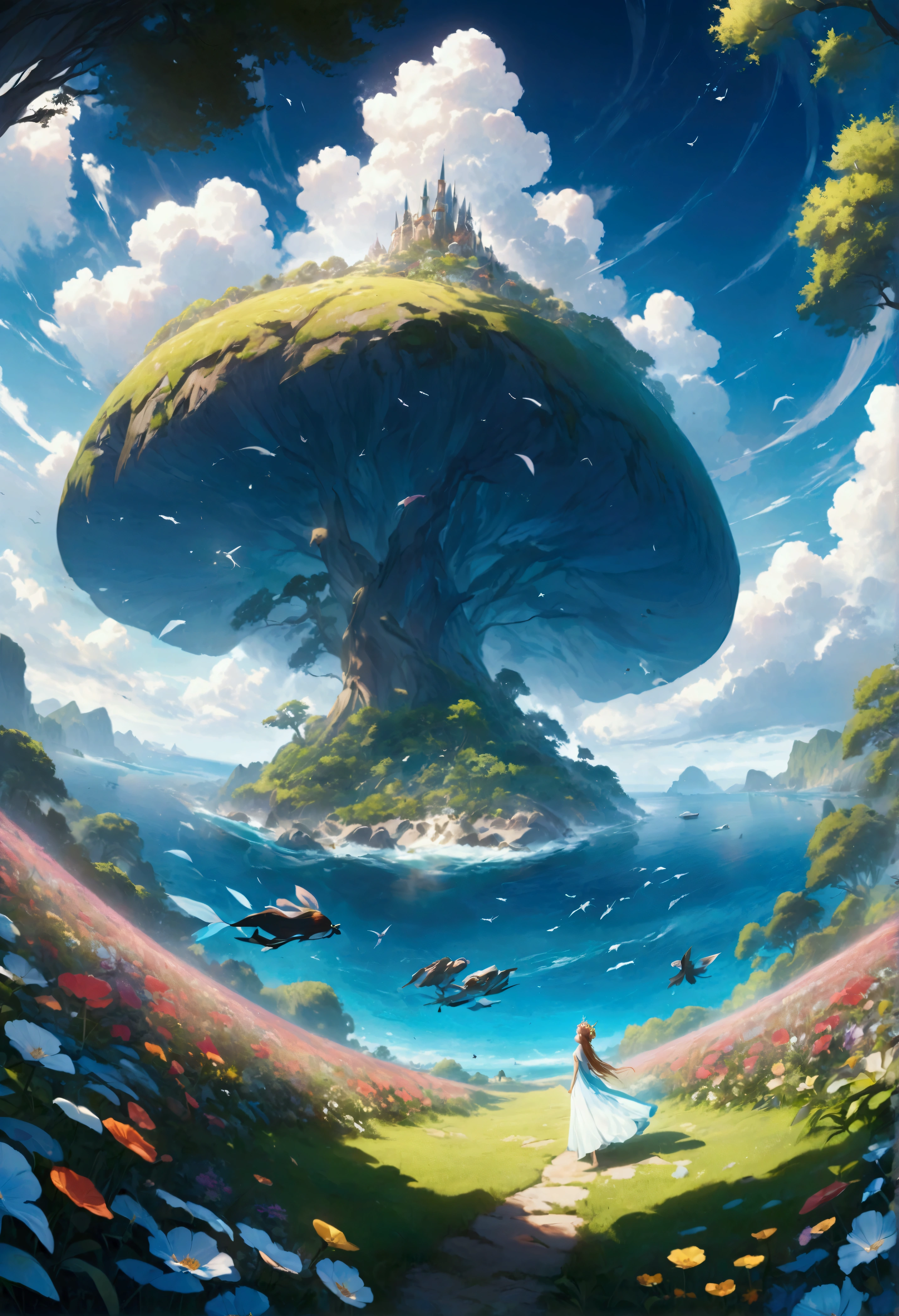 Mysterious Island, The fairy queen stands on a large flower, A hundred fairies are flying over the flower garden behind her, In the further distance, we see a forest with various trees in bloom. To the left and right of the forest is the ocean., Ultra-Wide Angle, panorama, wide shot, atmospheric perspective, masterpiece, accurate, textured skin, high details, high quality, best quality, photo, photorealistic,