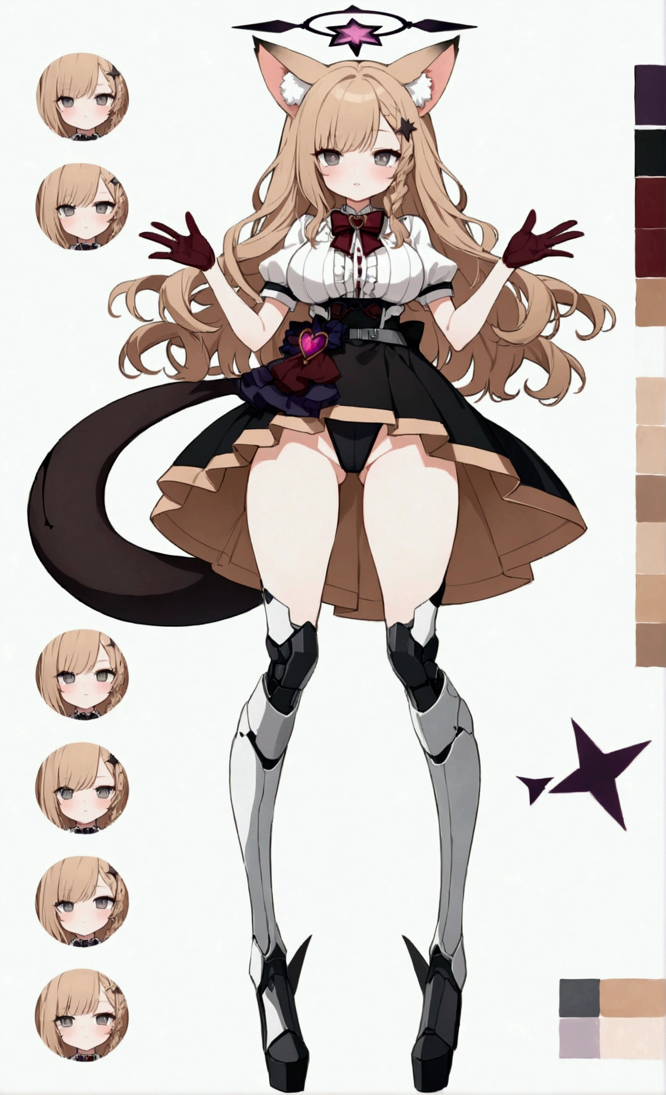 Women, big chest, wide hip, charming look, (dark blonde hair), ((hip length loose wavy hair, asymmetrical bangs, star hairpin in hair)), (a short braid on the left and right side of the hair above the breasts), ((Gray eyes with a pink 4-pointed star in the pupil)), (two black fox ears located on the top of the head), (black halo with luminous purple on the head), ((It has a small black succubus tail that ends in the shape of a Vinotinto heart)), (((It has complex mechanical legs that reach up to the thighs., The legs are dark gray with small burgundy and black details))), (elegant thigh-length one-piece dress, small Vinotinto bowtie on the neck of the dress, white bust with vertical black lines, ruffles in the middle of the bust, ruffled skirt, short sleeves with ruffles, ribbon decorations on the dress), elegant Vinotinto gloves with white ruffles, Black platform heels, (gray belt at the waist with a large ribbon with a luminous pink heart in the middle), black necklace with a heart pendant on the neck, (((character design sheet: front view))), ((whole body)), extremely detailed beautiful hair, beautiful detailed dress, extremely detailed arms, extremely detailed face, (Extremely detailed hands), perfect hands, small face, Beautiful detailed eyes, beautiful detailed lips, adorable, extremely detailed legs, (Best Quality, 8k, high resolution), ultra detailed, Exquisite and epic character art, ((White background)), (Focus on symmetry), (beautiful detailed succubus tail), (only one woman in the picture), (correct anatomy).