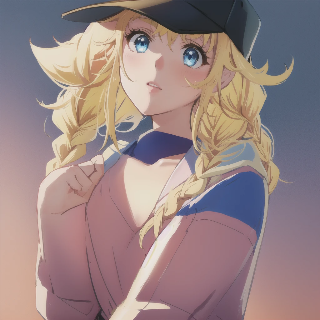 Eiko Tsukimi, blue eyes, braid, twin braid,(((blonde hair))),(baseball cap)