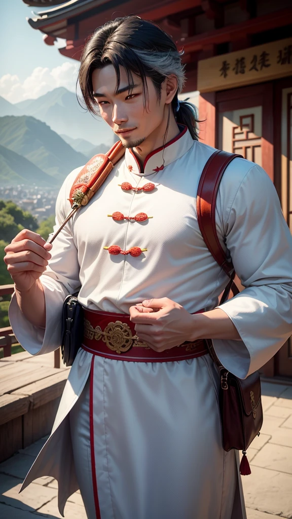 Chinese  style a handsome man with a good body with smiling have a light shine magic circle, carrying a silver cane on the shoulder, Carrying silver a backpack on the back., another hand hold a white rose, wearing Chinese ancient gauze blue red yellow accessories , walking and looking up on the rock cliff and have near behind back with a Barking white dog on the leg, In the distance, there are Chinese temple on the mountains have a sunshine.and creating a contrast and intricate patterns. Created Using: photography, contrast enhancement, natural sunlight filtering through, slow motion capture, color saturation boost, detailed texture, seen from side, Deep and three dimensional, profound and powerful,The image should be magnificently beautiful, spectacular, with intricate, detailed patterns clearly visible. colourful vivid UHD16k ratio 9:16                                  .                 