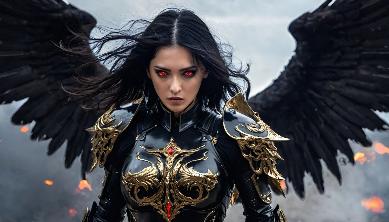 Woman, caucasiana, red eyes, expressive face, overhanging, loose black hair, bust image, black armor with gold detail, flying over, fallen angel with black wings, purgatory background.