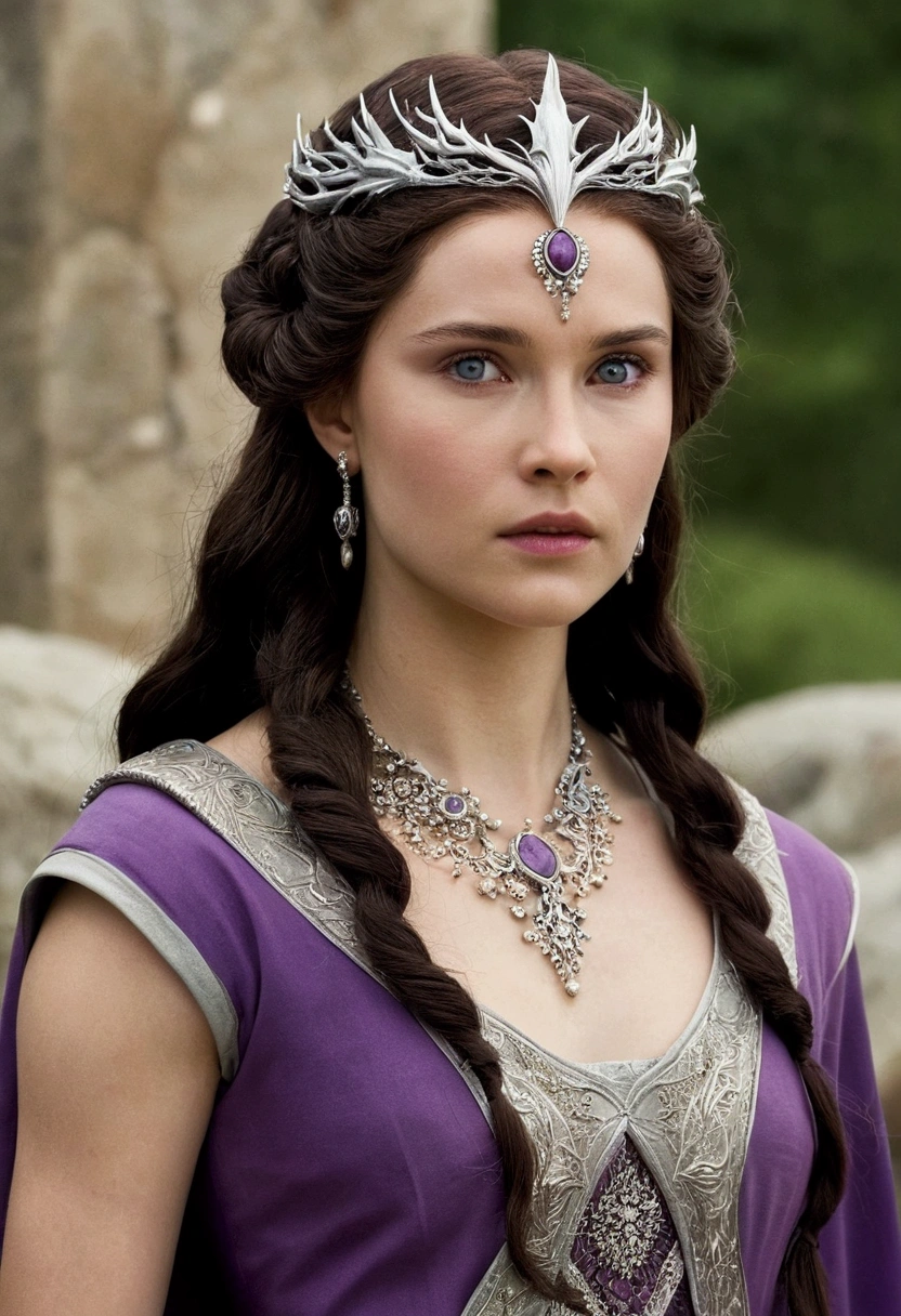 Hair: Far away, plain and silver or gold.eyes: violets.first: clear and soft.Complexion: slim and elegant.Clothes: Probably dressed in fine Valyrian clothing, adorned with colors that reflect their status and wealth, maybe with dragon motifs.accessories: Could wear Valyrian jewelry, such as tiaras or necklaces with precious stones.