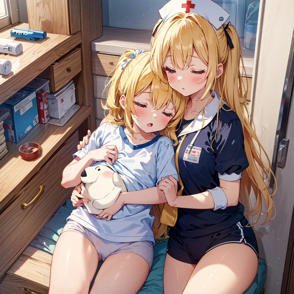 Masterpiece, highest quality, high resolution background, bright and beautiful atmosphere, 3 girls (2 years old, (1 short-tempered round face), (1 child)) (hair, surface effects), color effects), small breasts, blonde hair , Gym clothes and short bloomers, nurse's room, girl with jacket tucked up to undergo medical examination, excited mini pig, mini pigs sleeping on bed in nurse's room, "deltamon_sdXL :0.73) >Deltamon makes an immediate decision.(((nsfw))),