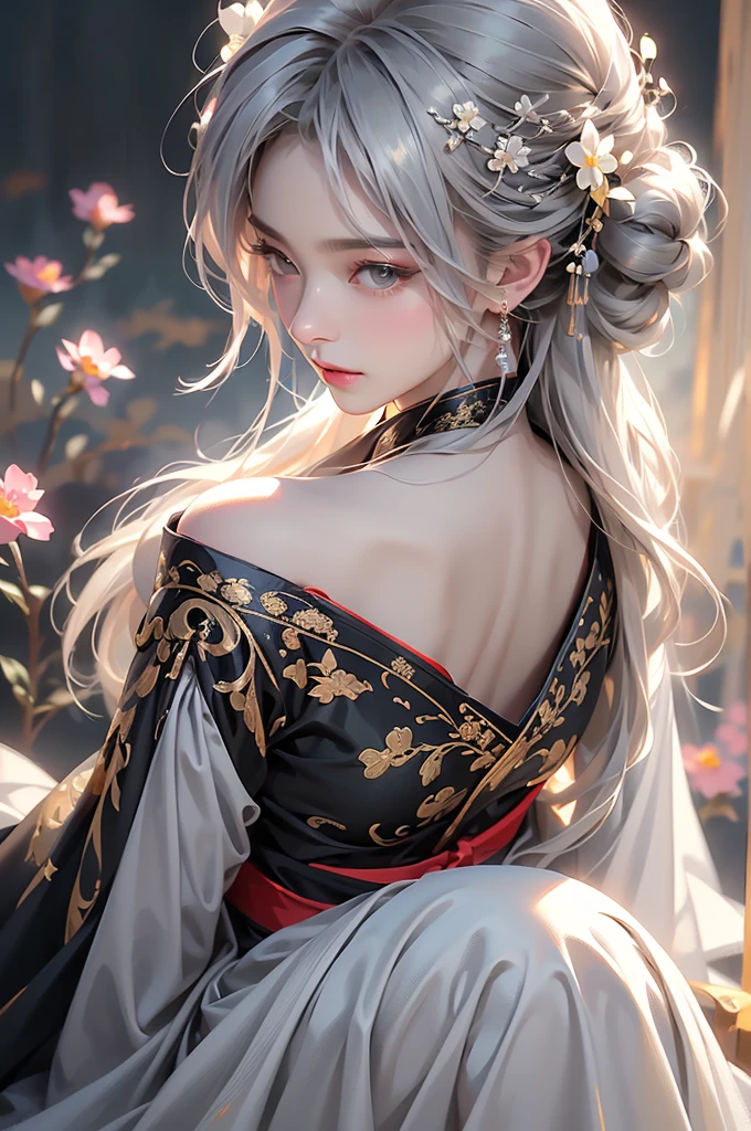 ((Above the knees image:1.3))super high quality, masterpiece, Perfect illustration, Very detailed (Exquisite light and shadow, Very dramatic photo,Backlight) , ((Gray Hair:1.5))1 Girl,(( alone:1.6)), (Wearing Han clothes, Black Hanfu,Monotony,Long sleeve、Gorgeous costumes、Highly decorated Hanfu) Flower Field, Flowers, (White smoke:1.3) (Realistic:1.4), Zen Intertwining, Tangled, Official Art, unity 8k wallpaper, Very detailed, Beautiful and beautiful, masterpiece, Highest quality, (Dynamic Angle: 1.4), Glowing Skin, (Floating colorful flashes: 1) The most beautiful chaotic shapes, elegant, Brutalist Design, Bright colors, Romantic Depth of Field Exotic_dance, half_naked、Expose your shoulders、Ample breasts、Great cleavage、Dynamic pose、Backlight,((from back side))
