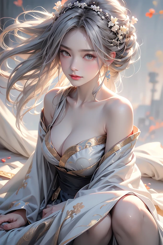 ((Above the knees image:1.3))super high quality, masterpiece, Perfect illustration, Very detailed (Exquisite light and shadow, Very dramatic photo,Backlight) , ((Gray Hair:1.5))1 Girl,(( alone:1.6)), (Wearing Han clothes, Black Hanfu,Monotony,Long sleeve、Gorgeous costumes、Highly decorated Hanfu) Flower Field, Flowers, (White smoke:1.3) (Realistic:1.4), Zen Intertwining, Tangled, Official Art, unity 8k wallpaper, Very detailed, Beautiful and beautiful, masterpiece, Highest quality, (Dynamic Angle: 1.4), Glowing Skin, (Floating colorful flashes: 1) The most beautiful chaotic shapes, elegant, Brutalist Design, Bright colors, Romantic Depth of Field Exotic_dance, half_naked、Expose your shoulders、Ample breasts、Great cleavage、Dynamic pose、Backlight,((from back side))
