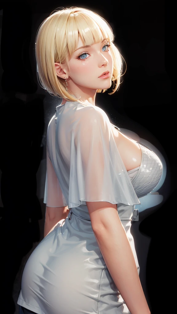 (（（Perfect body,White and tender skin,（（（BLACK KIMONO, CLEAVAGE, VAMBRACES,）））,（（（Samui, Blue eyes, blonde hair, short hair, bangs, blunt bangs,）））,((masterpiece)),high resolution, ((Best quality at best)),masterpiece,quality,Best quality,（（（ Exquisite facial features,Looking at the audience,There is light in the eyes,blush,Happy,lol）））,Look up at the sky，From the back）））,（（（Light and shadow,Huge breasts，Plump buttocks）））,（（（Looking at the camera,black background,)））),