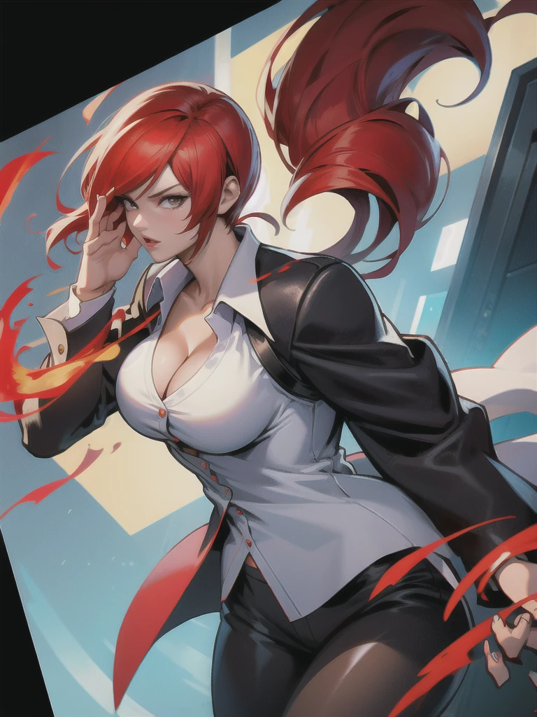 30-year-old woman, alone, alone, athletic, sensual, big breasts, red nails, long pixies, semi-short red hair, wears brown pants, white shirt, open black jacket, video game character, The King of Fighters, Iori Yagami, blue fire, cinematic, ultra-sharp focus, award-winning photography, perfect contrast, High sharpness, depth of field, ultra-detailed photography, global illumination, fluid, ultra-high definition, 8k, Unreal Engine 5, ultra-sharp focus, award-winning photography, trends art stations