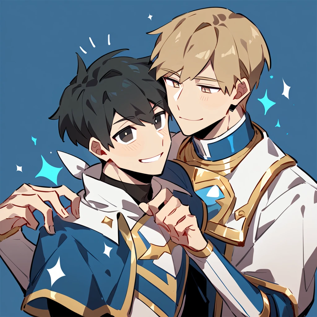 2 young men, focus man , Yaoi, pair, (human, black hair, black eyes, ไม่smile ), ( loongs, human, Brown blonde hair, short hair, light brown eyes, smile ,wear knight costume) , Fantasy, The best aesthetics , best quality, Amazing quality, The best aesthetics