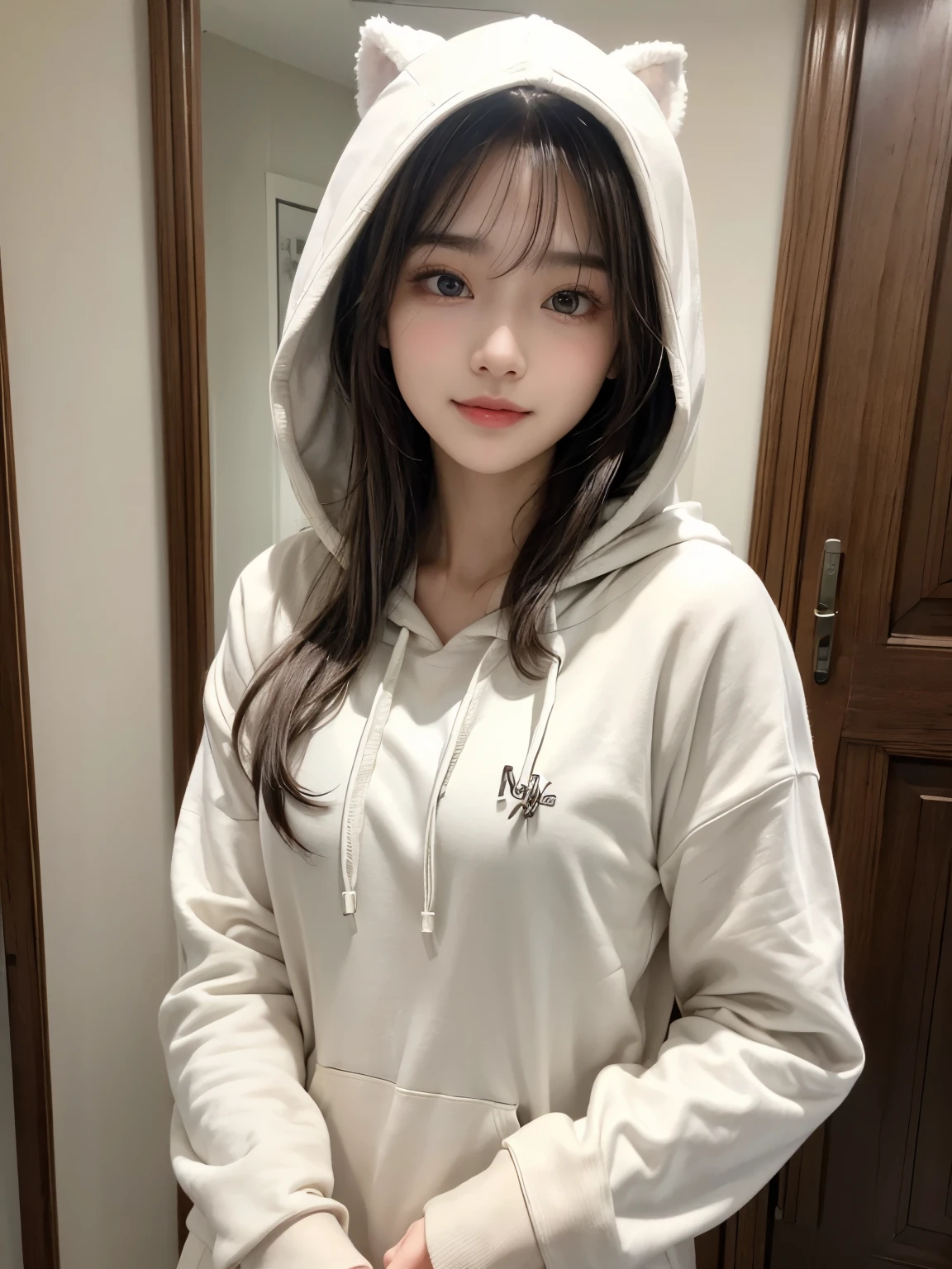 ((masterpiece: 1.3),8k, Realistic, RAW Photos, Highest quality: 1.4), (One Girl), beautiful顔, (Realistic Face), (Brown long hair: 1.3), bangs,  Perfect dynamic composition,(High quality with attention to detail, Realistic depiction of eyes:1.3)、(((White open-necked hoodie,Wearing a hood,Dramatic Pose,whole body:1.5))),Lace Curtain Room、The whole is facing forward、２１talent、beauty、Well-formed face、Make the eyes even、beautiful黒髪、Banditium Build、Balanced ratio、beautiful足、Fresh face、beautiful景色、beautifulヘアスタイル, (bangs), (smile), smile, Realistic eyes, Gloss, highlight, highlight in the Eyes, eyelash, 目の中のbeautifulディテール, (Realistic Skin), Shooting from the air、beautiful肌, Transparency、(beautiful)、 bust, smile, teeth, Confused, charm, 超High resolution, Ultra-realistic, High resolution, Golden Ratio, clear eyes, Wet, Looking into the camera, ear, Shine, Long neck, double eyelid, Thin eyebrows、Big eyes, cheek, kind character, charm personality, kind, 圧倒的なcharm, bright personality