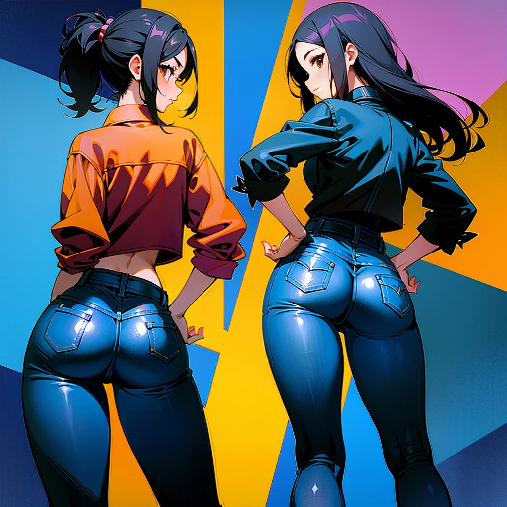 A very attractive anime latina girl with brown skin and black hair, wearing tight jeans, back facing camera looking over shoulder hands on hips