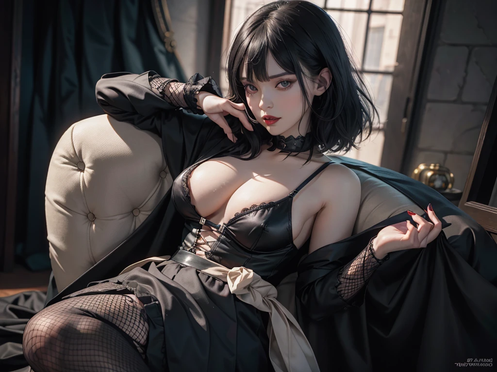 (best quality,highres),(realistic:1.37),dark,goth,woman, eyes,detailed face,black clothes,bobcut black hair,straight bangs,pale skin,red lipstick,intense expression,mysterious atmosphere,gothic background,dim lighting,night,vivid colors, fishnets, topless, fullbody, on her hands and knees, submissive girl, thick thigs, imminent deepthroat, cumshot pose,