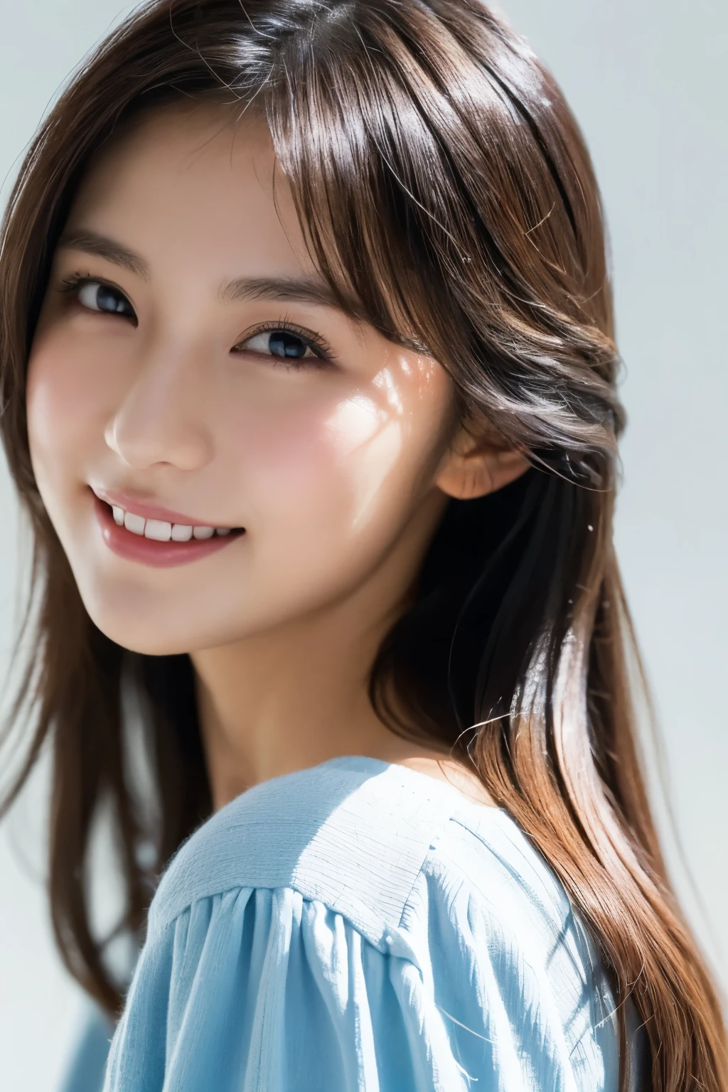 1 girl, (Summer clothing:1.2), Very beautiful Japanese idol portraits, 
(RAW Photos, Highest quality), (Realistic, Realistic:1.4), (masterpiece), 
Very delicate and beautiful, Very detailed, 2k wallpaper, wonderful, finely, Very detailed CG Unity 8K wallpaper, Very detailed, High resolution, Soft Light, 
Beautiful detailed girl, Very detailed eyes and face, Beautiful and sophisticated nose, Beautiful and beautiful eyes, Cinema Lighting, 
(Simple light color background:1.3), 
(Semi-long hair), 
Complete Anatomy, Slender body, Small breasts, smile