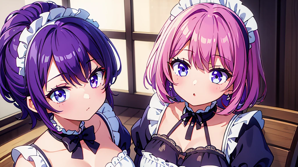 2girls, short purple hair, cute eyes, wearing maid costume, close portrait, close, high res, ultrasharp, 8K, masterpiece, looking at viewer