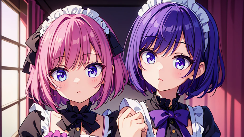 2girls, short purple hair, cute eyes, wearing maid costume, close portrait, close, high res, ultrasharp, 8K, masterpiece, looking at viewer