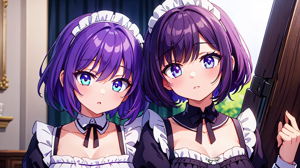 2girls, short purple hair, cute eyes, wearing maid costume, close portrait, close, high res, ultrasharp, 8K, masterpiece, looking at viewer