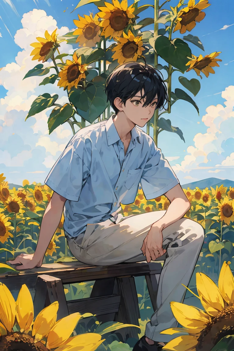 Painting of a boy sitting in a flower bed, 1boy, coronation of Prince of Flowers, Official Anime Artwork, Prince of Flowers, scene : Sunflower field, scene: Sunflower field, bright summer day, Poster ; summer, Official artwork, Yellow sunshine, shigenori soejima illustration, Beautiful sunflower anime girl, Anime Cover, Bright sunny day