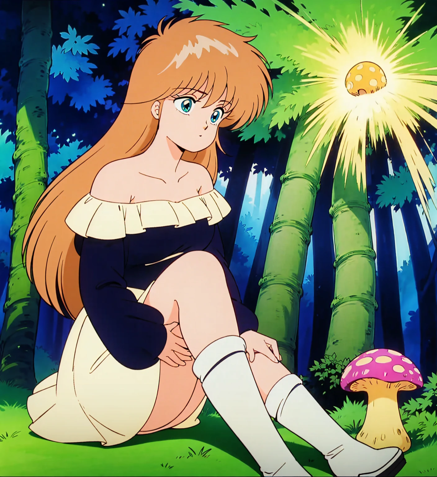A light blonde haired anime girl with pale blue purple eyes、Wearing a pink off-the-shoulder puffy sleeve dress and knee-length white boots、Under the stars、Sitting in the woods next to an orange mushroom surrounded by fireflies。